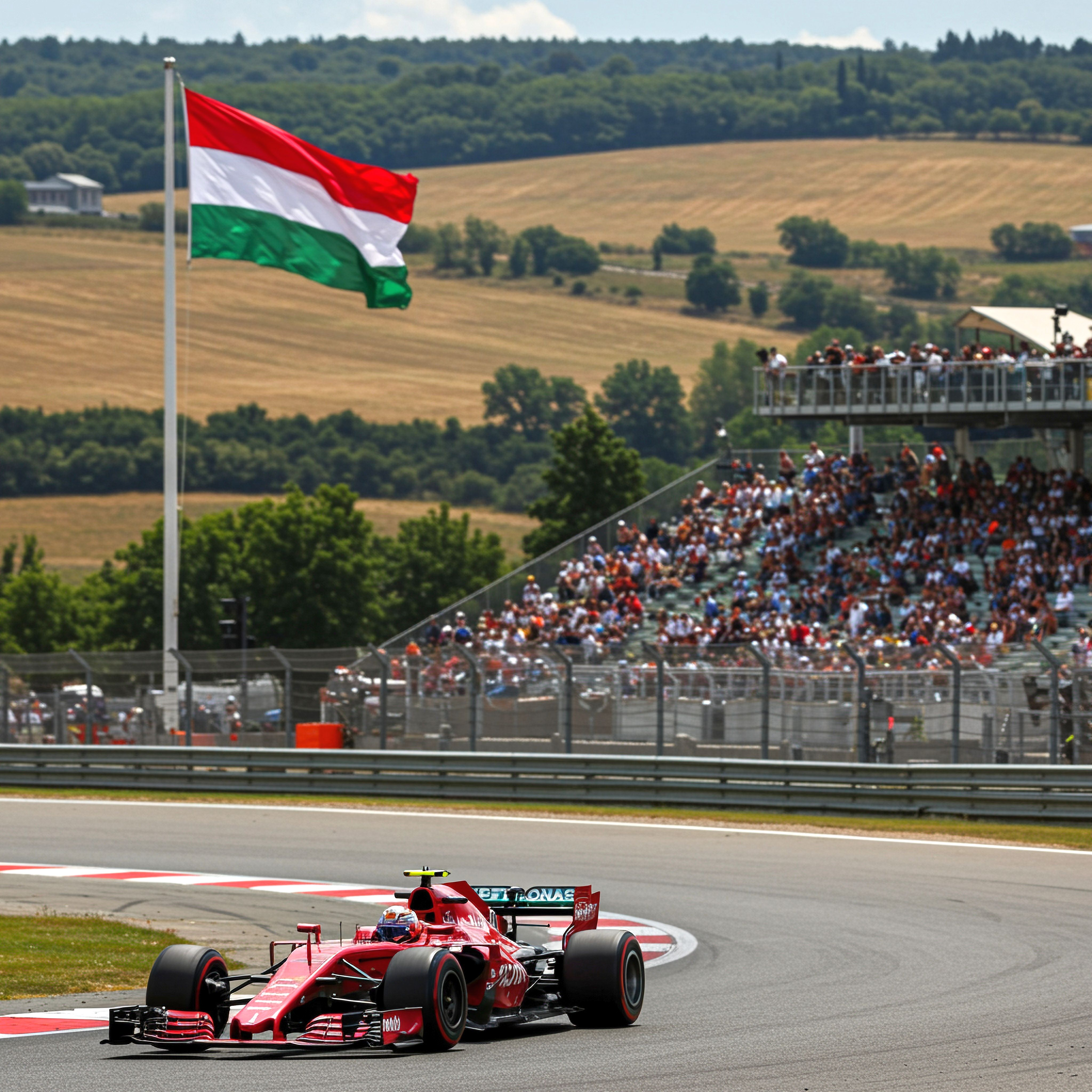 Rød F1-bil på banen med det ungarske flagget og tilskuere.