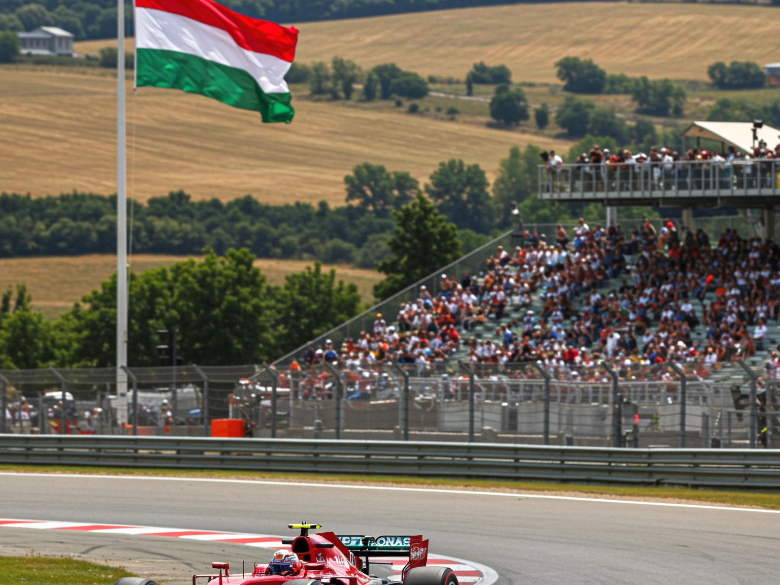 Rød F1-bil på banen med det ungarske flagget og tilskuere.