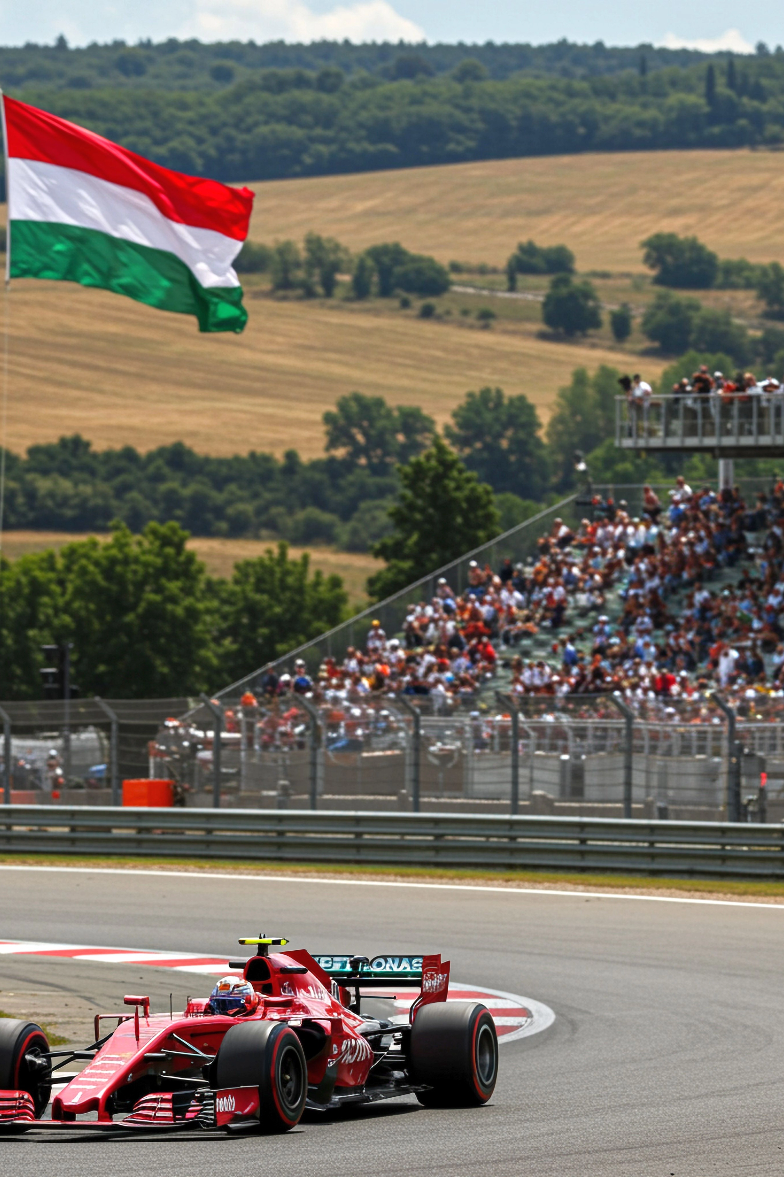 Rød F1-bil på banen med det ungarske flagget og tilskuere.