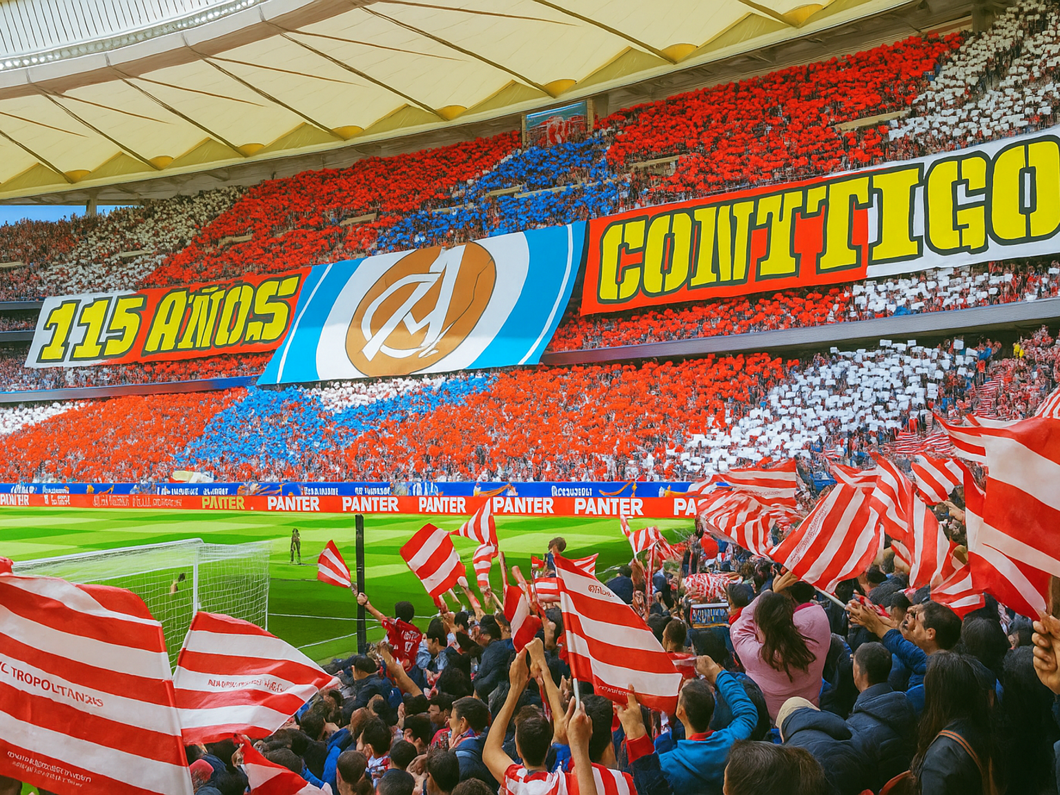 A full stadium with fans displaying a red, white, and blue mosaic and banners reading '115 AÑOS CONTIGO,' while many in the foreground wave red and white flags.