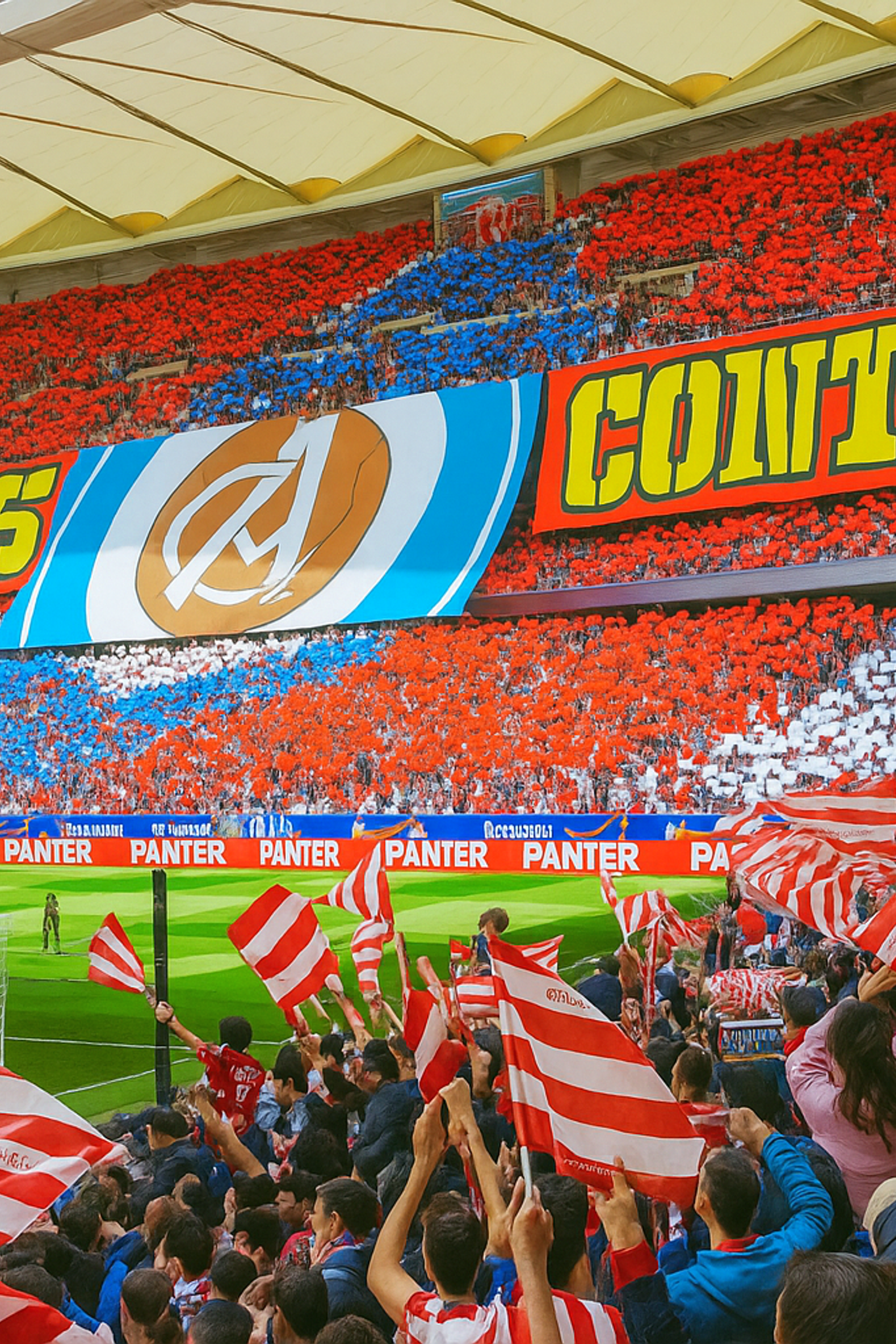 A full stadium with fans displaying a red, white, and blue mosaic and banners reading '115 AÑOS CONTIGO,' while many in the foreground wave red and white flags.