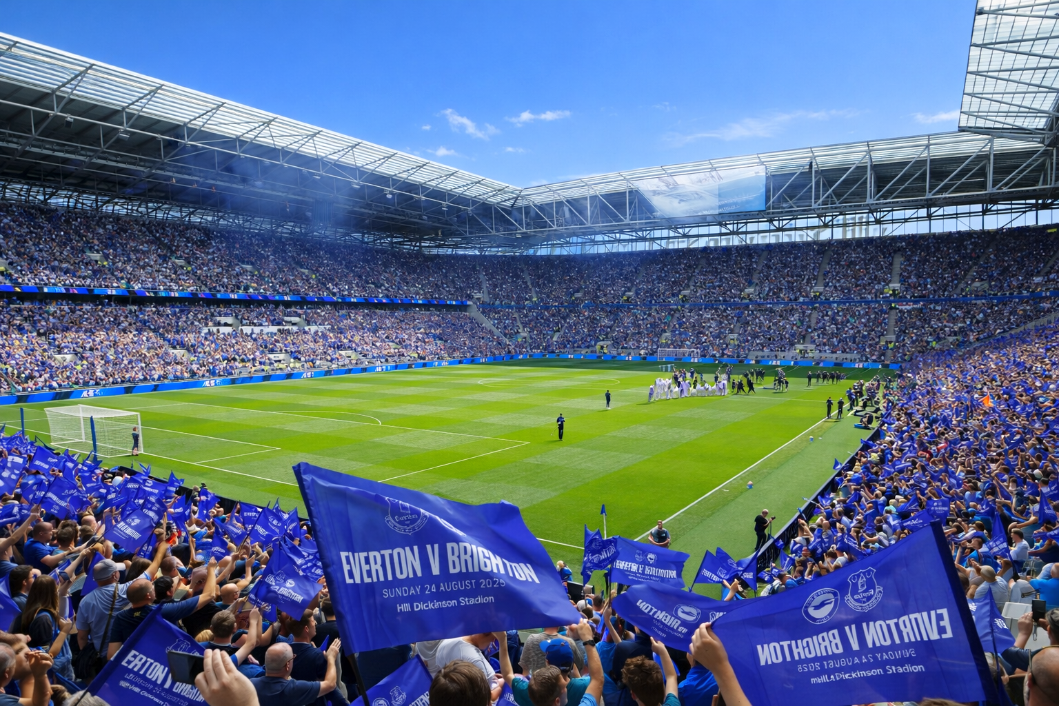 A full football stadium with fans waving blue flags. One flag reads 'Everton v Brighton, Sunday 24 August 2025, HB Dickinson Stadium'.
