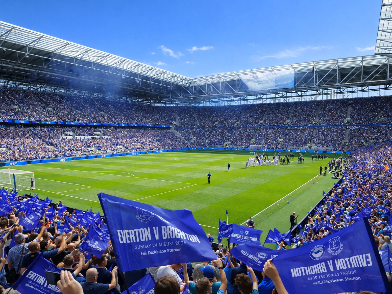 Een vol voetbalstadion met fans die blauwe vlaggen zwaaien. Op een vlag staat 'Everton v Brighton, zondag 24 augustus 2025, HB Dickinson Stadium'.