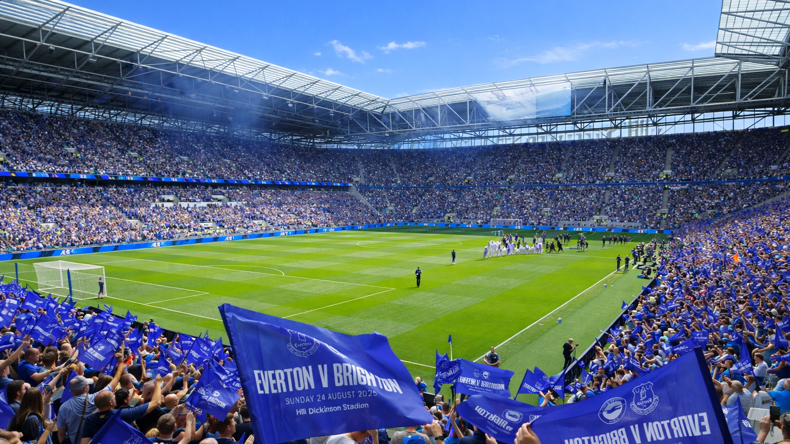 A full football stadium with fans waving blue flags. One flag reads 'Everton v Brighton, Sunday 24 August 2025, HB Dickinson Stadium'.