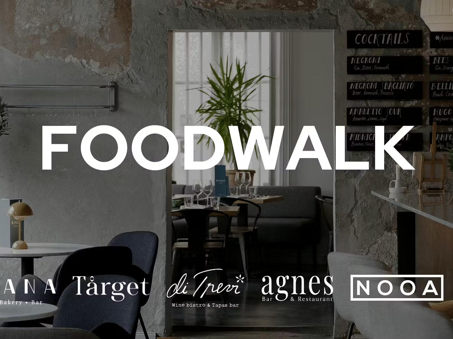 Teksten "FOODWALK" lagt oven på et billede af en restaurantindretning, med logoer for Fontana, Target di Trevi, Agnes, Nooa og Nobi nederst.