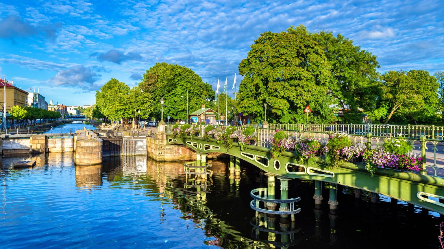 en grøn bro over en flod omgivet af træer og blomster