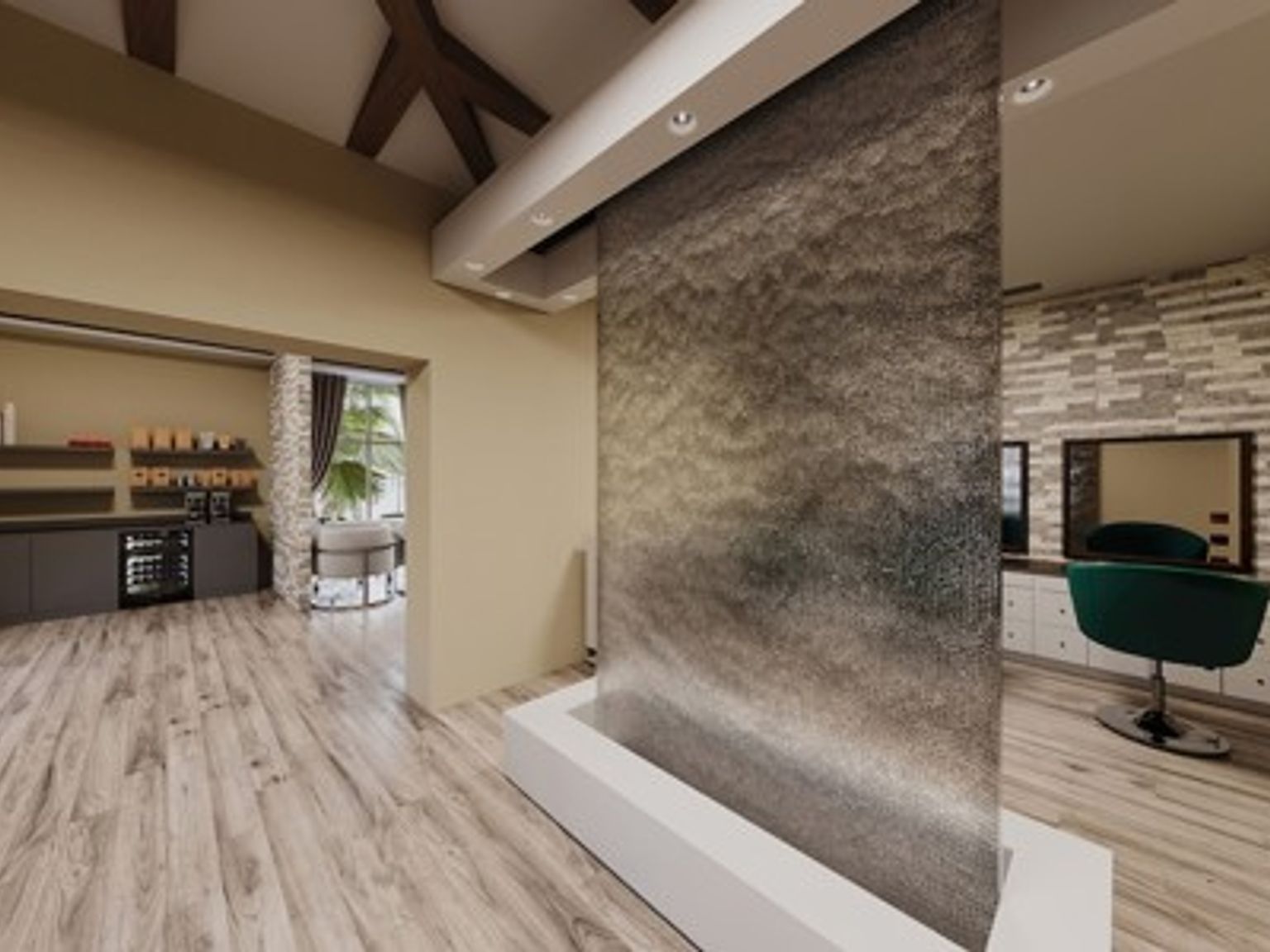 et hotellrom med et fossefall midt i rommet.