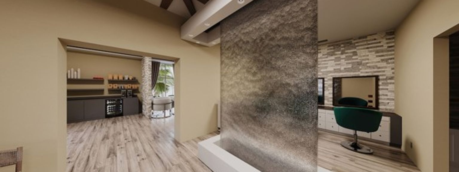 et hotellrom med et fossefall midt i rommet.