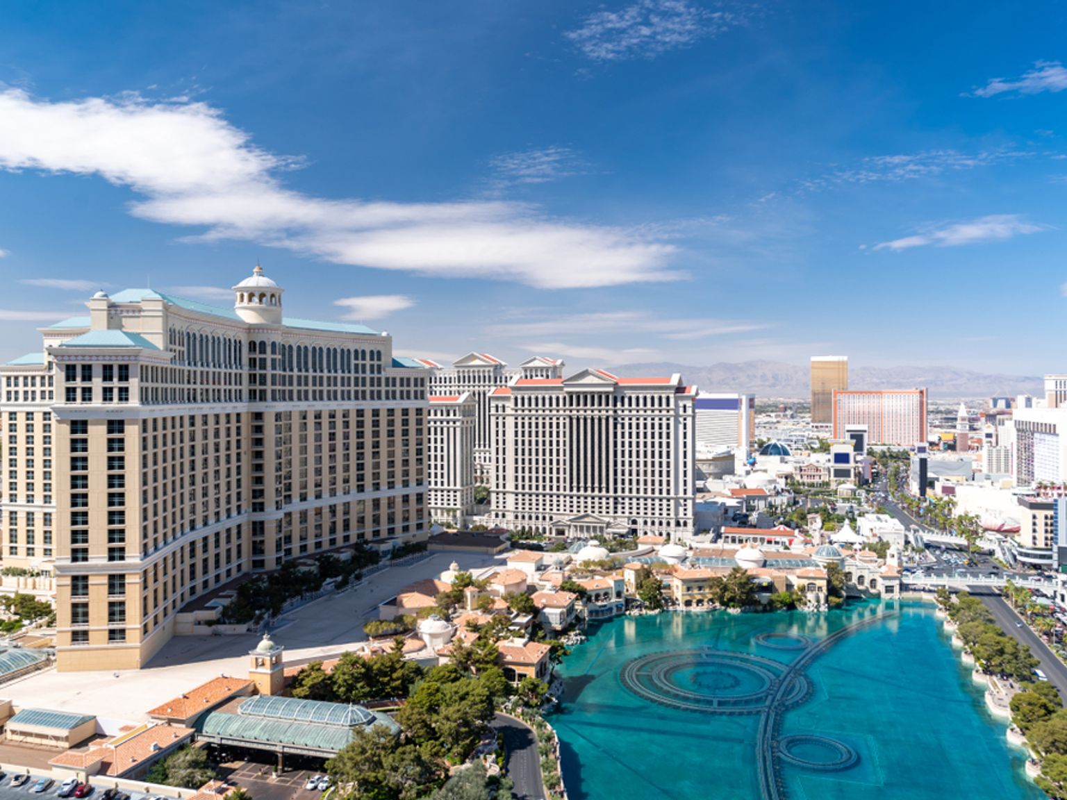 Bellagio hotell og fontener på Las Vegas Strip. Las Vegas