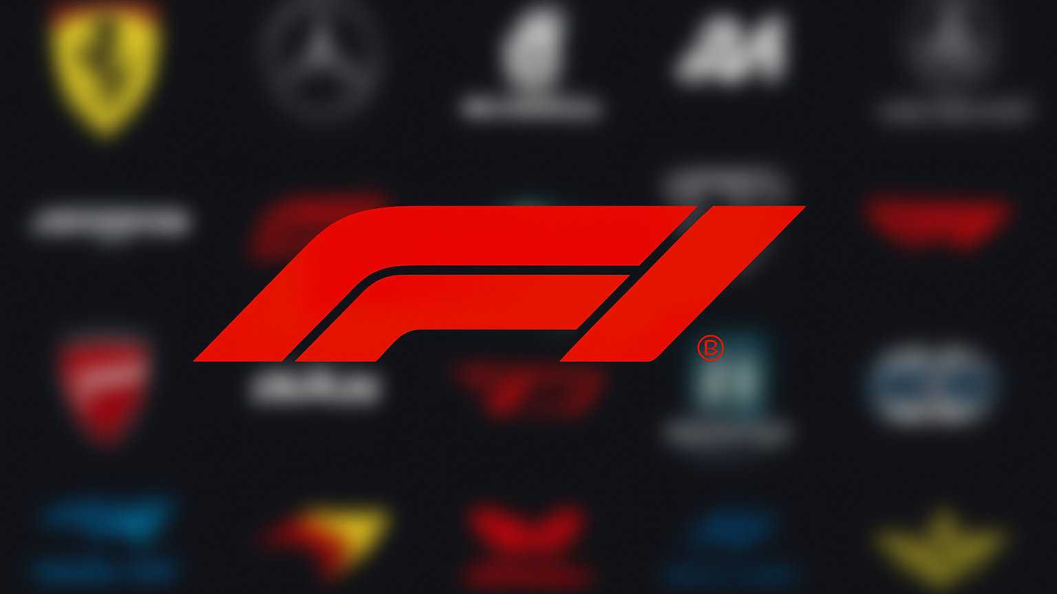 Logotipo rojo de F1 contra un fondo borroso de varios logotipos de equipos de automovilismo.