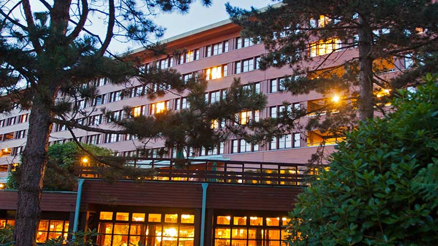 et disney foto af en stor bygning med træer foran det