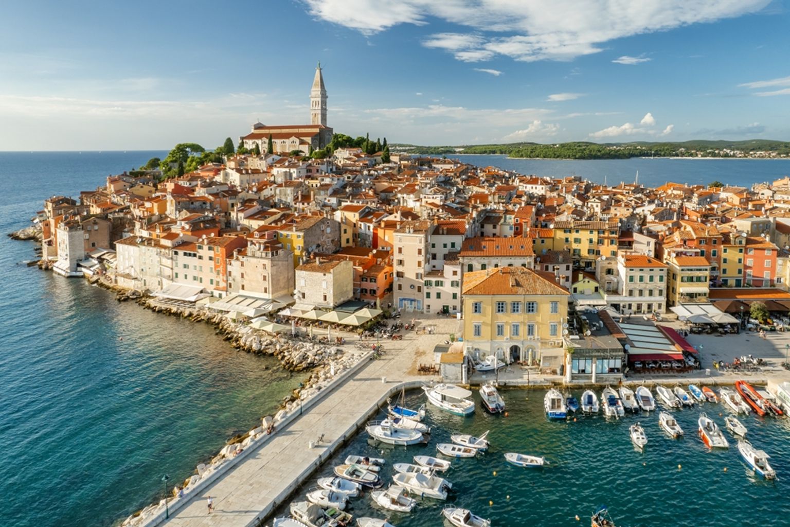 En livlig kuststad på en halvö med en kyrkspira, färgglada byggnader och en hamn fylld med båtar. Rovinj, Kroatien