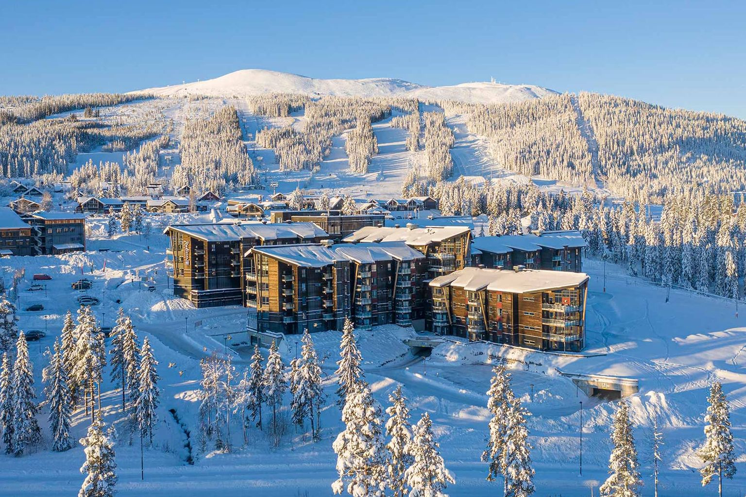 en luftvisning af et skisportssted omgivet af sneklædte træer og bjerge