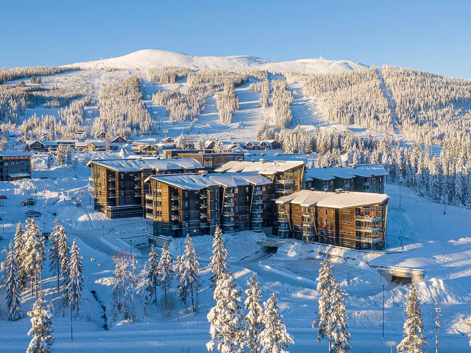 en luftvisning af et skisportssted omgivet af sneklædte træer og bjerge