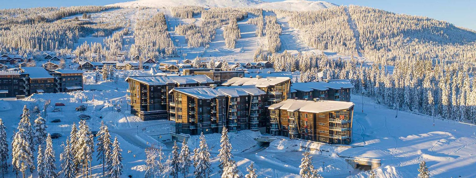 en luftvisning af et skisportssted omgivet af sneklædte træer og bjerge