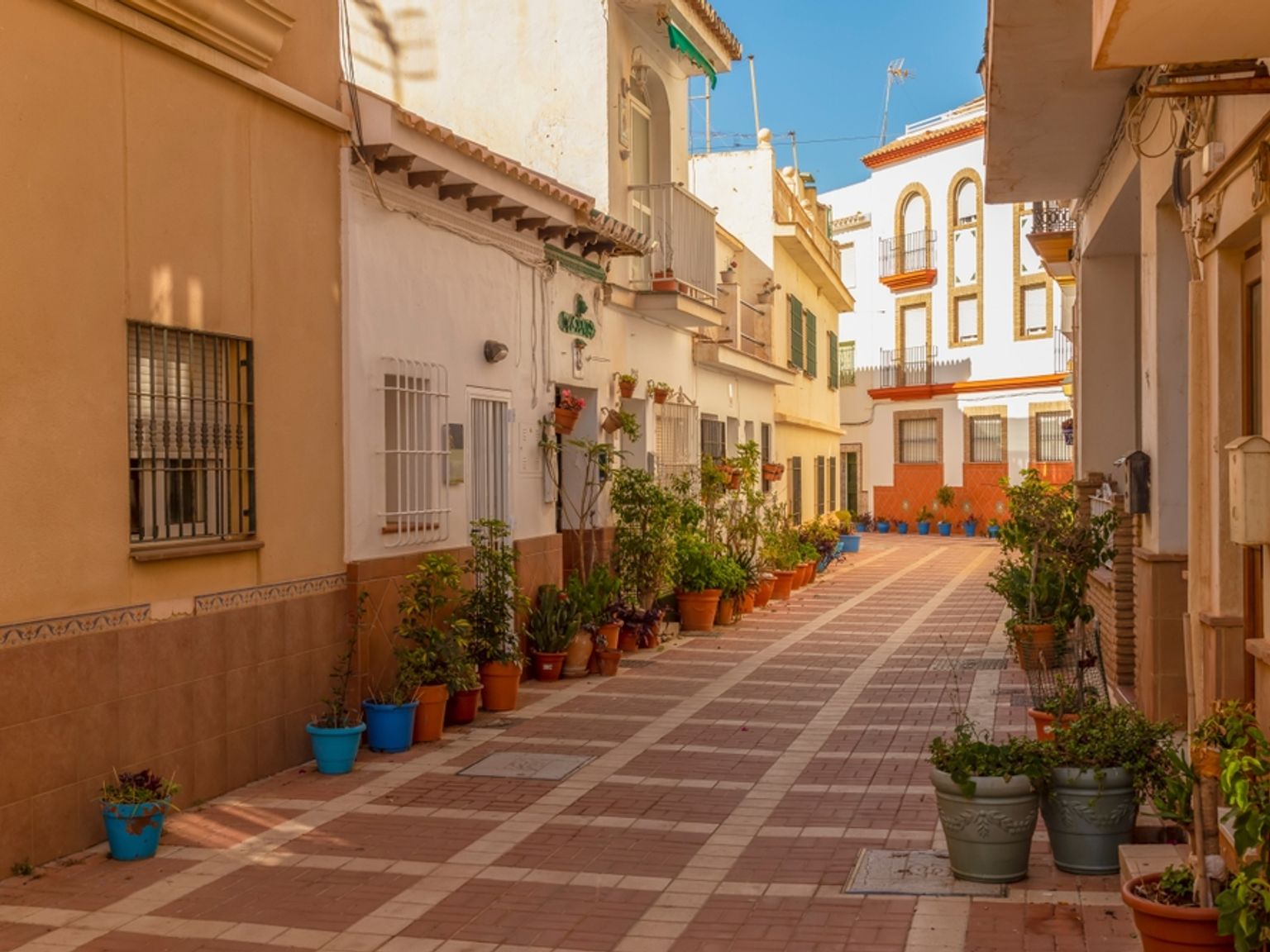 en smal smug fylt med potteplanter mellom to bygninger