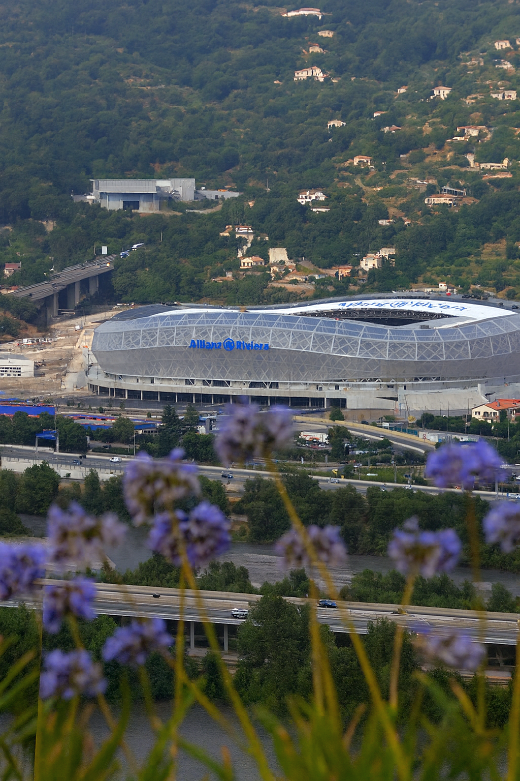 Estádio Allianz Riviera cercado por colinas arborizadas com casas e estradas, visto através de flores roxas desfocadas em primeiro plano.