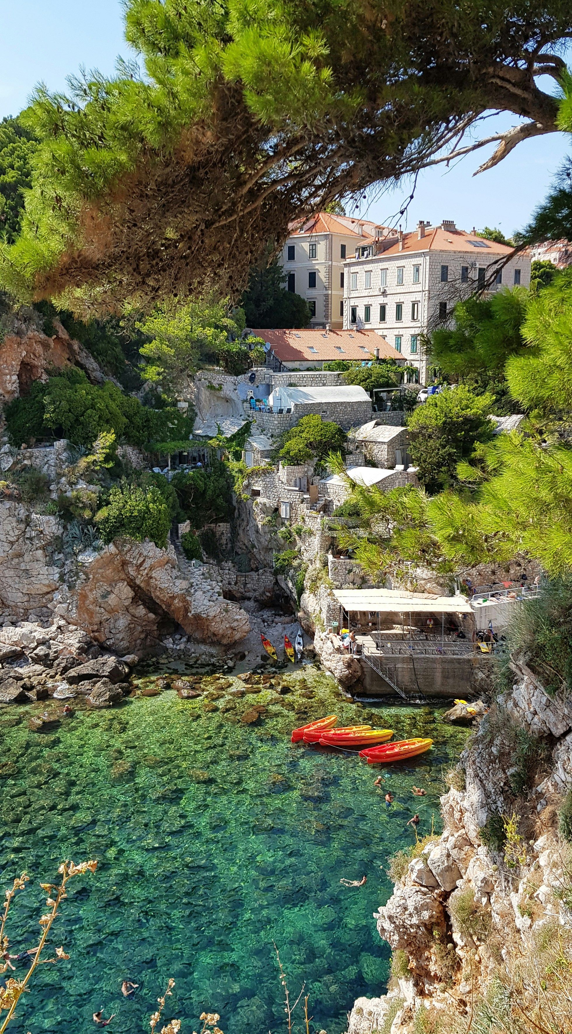 A clear turquoise cove with kayaks and swimmers, surrounded by rocky cliffs and stone buildings, framed by pine branches. Dubrovnik, Croatia