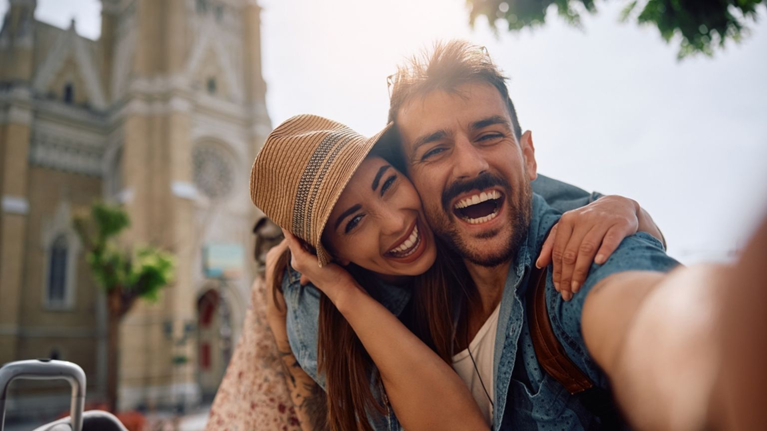 Ett skrattande par tar en selfie med en kyrka i bakgrunden.