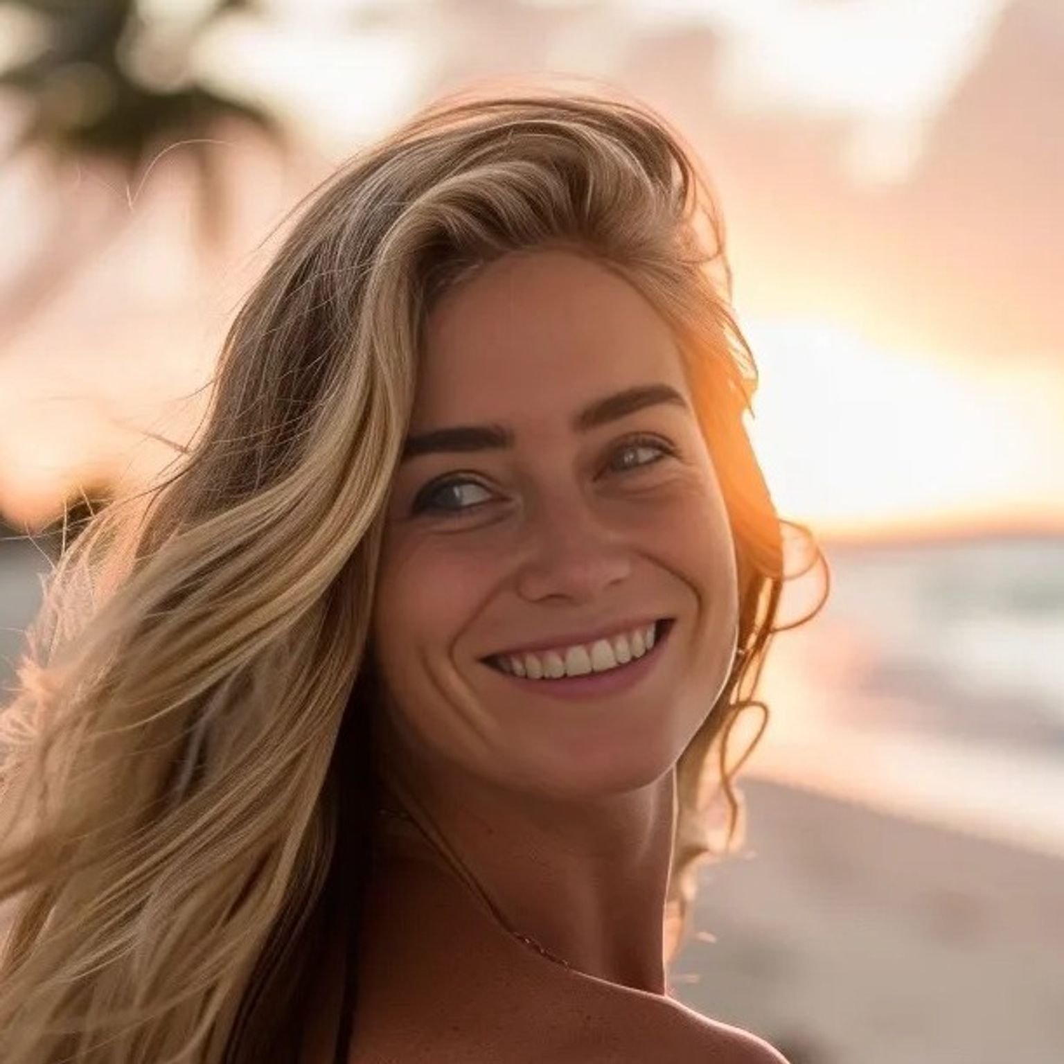 en kvinde med langt blondt hår smiler på stranden ved solnedgang