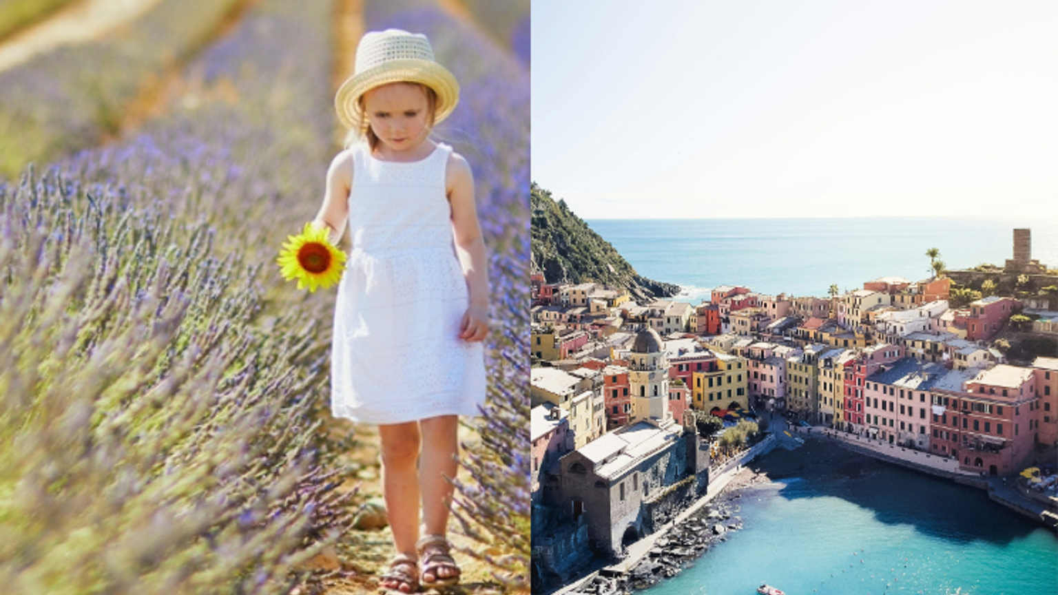 En delad bild som visar en flicka med en solros i ett lavendelfält till vänster, och en färgglad kuststad med utsikt över en vik till höger. Frankrike och Italien
