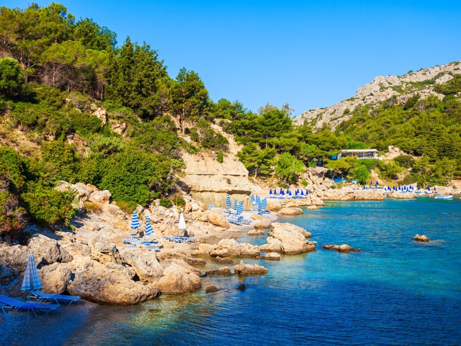 Steinete strand med turkis vann, grønne åser og blå strandparasoller. Anthony Quinn Bay, Rhodos