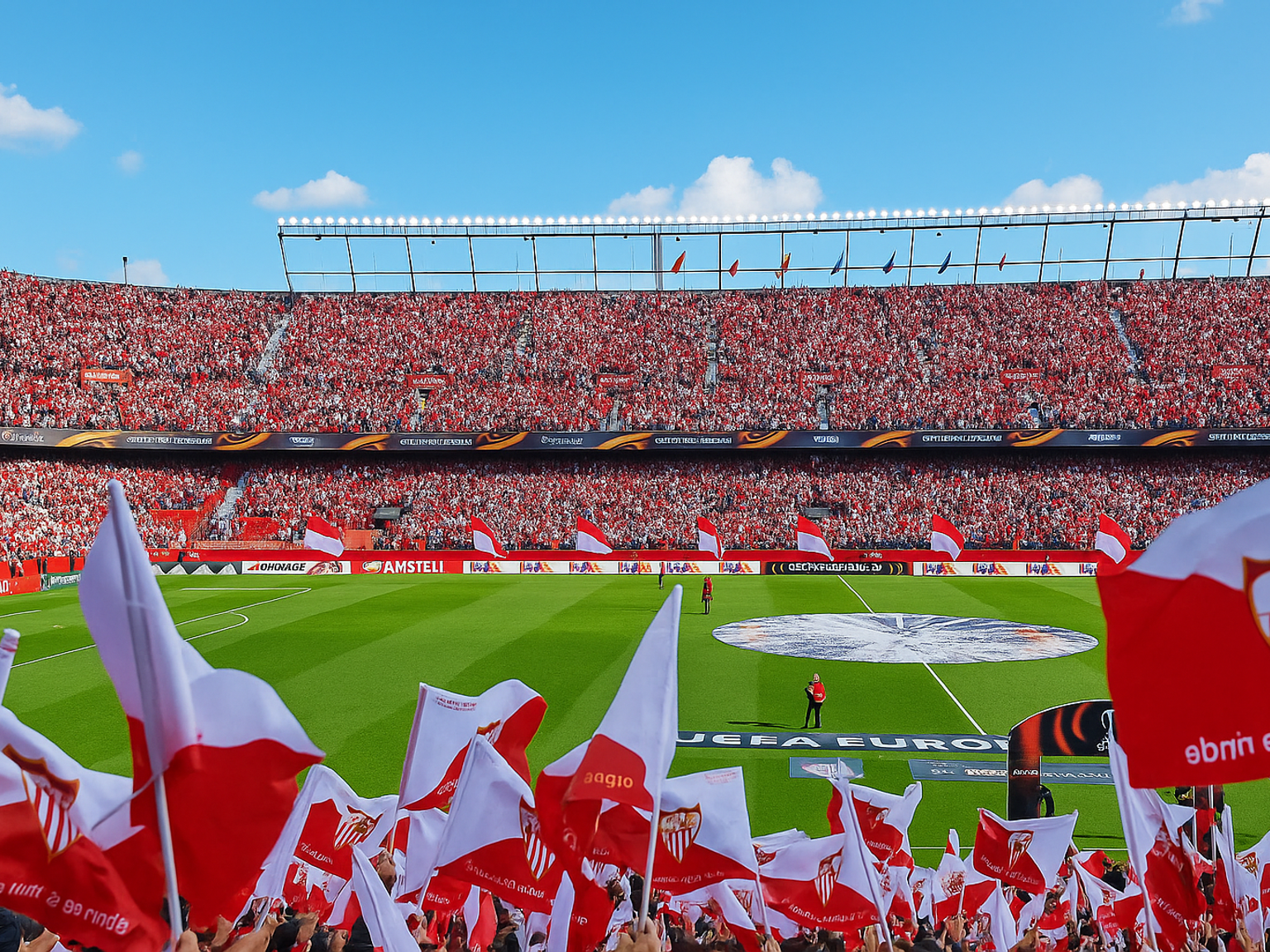 Et fullsatt fotballstadion med fans i rødt som vifter med røde og hvite Sevilla FC-flagg.