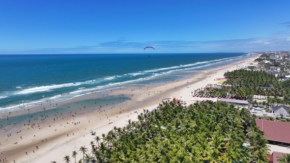 Luftfoto af en travl strand med mennesker, palmer, havbølger og en paraglider under en klar blå himmel.