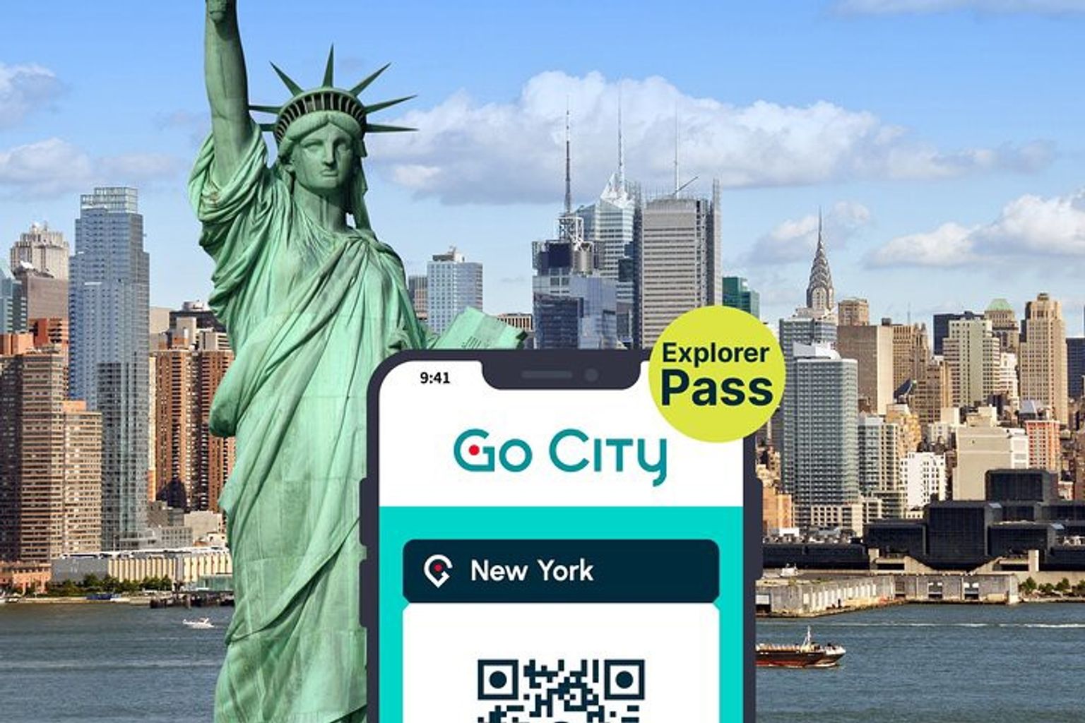 Frihetsgudinnen står ved siden av en mobiltelefon med New York Citys skyline i bakgrunnen.