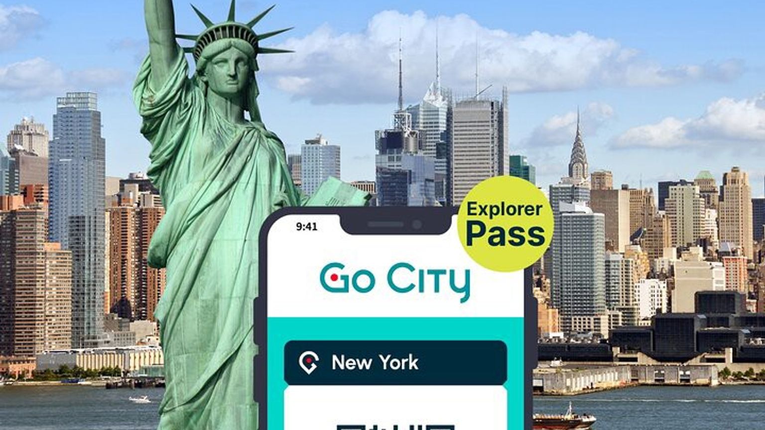 Frihetsgudinnen står ved siden av en mobiltelefon med New York Citys skyline i bakgrunnen.