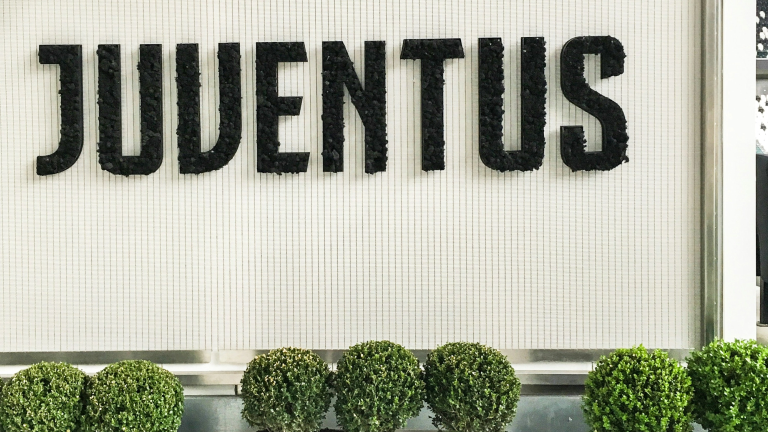 Textured black "JUVENTUS" sign above three planters holding round green plants.