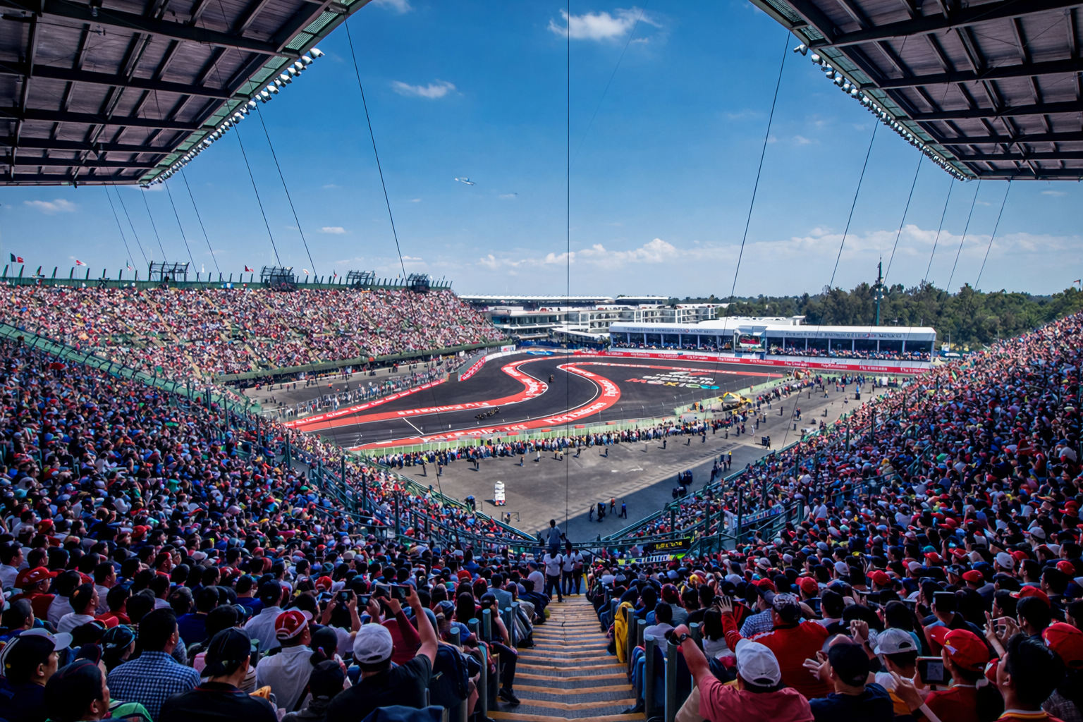 Tusenvis av fans fyller stadiontribunene med utsikt over en svingete racerbane.
