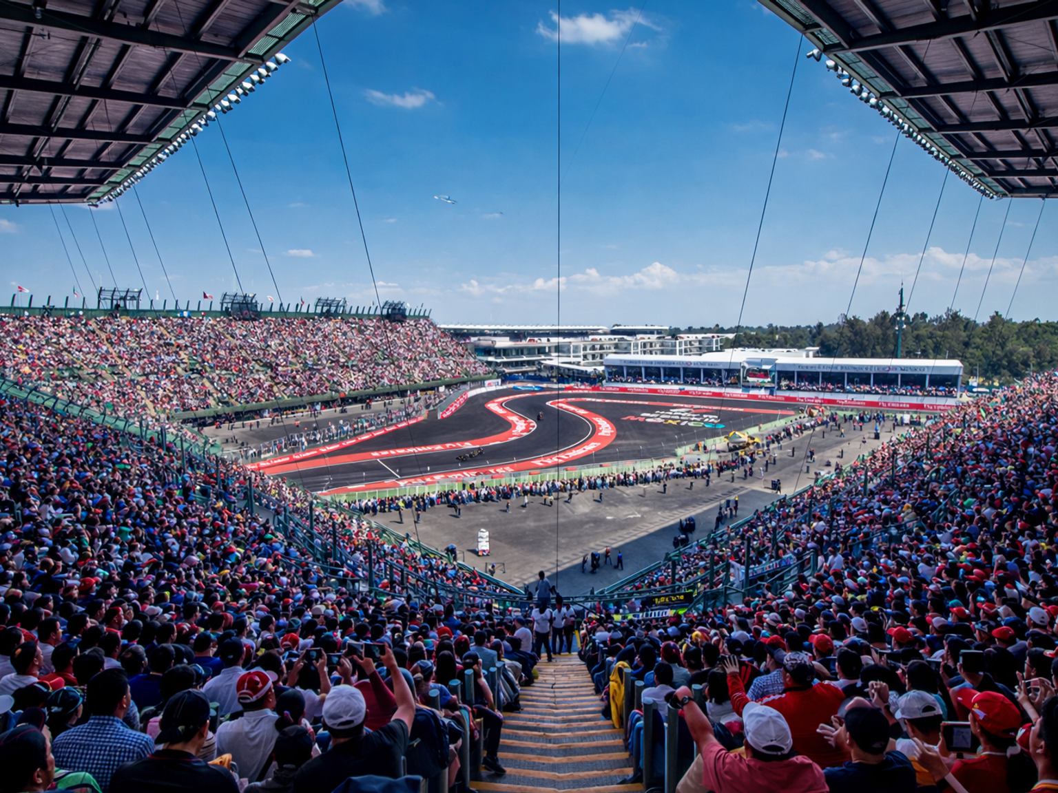 Tusenvis av fans fyller stadiontribunene med utsikt over en svingete racerbane.