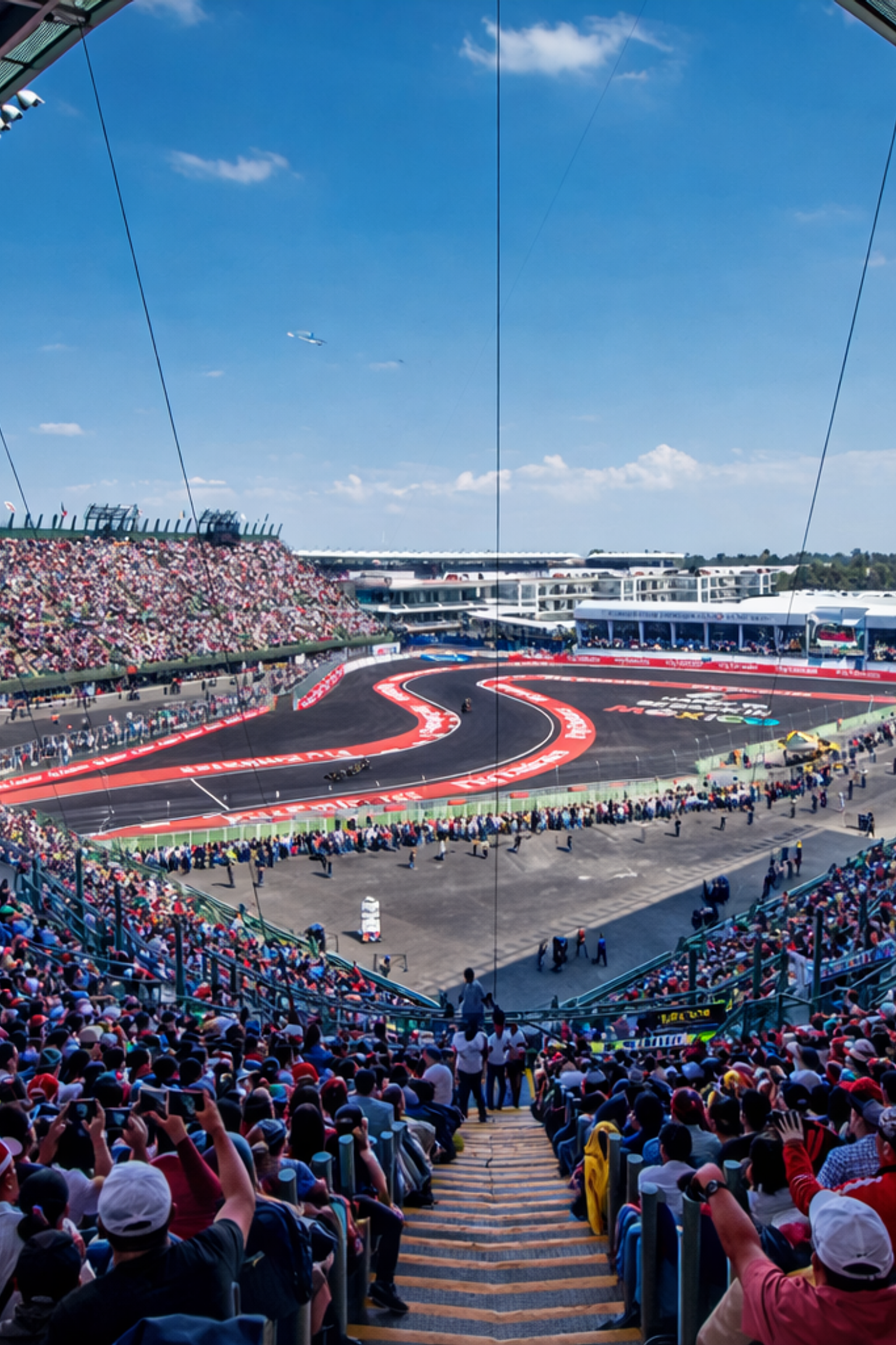 Tusenvis av fans fyller stadiontribunene med utsikt over en svingete racerbane.