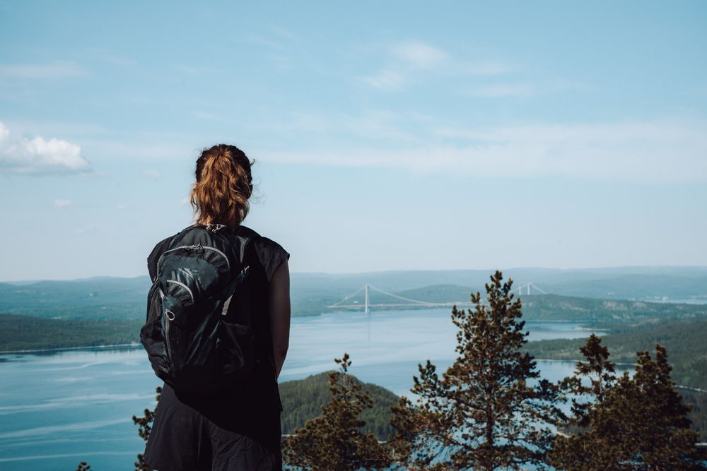 Baksidan av en person med en ryggsäck som blickar ut över en hängbro över vatten bland skogsklädda kullar.