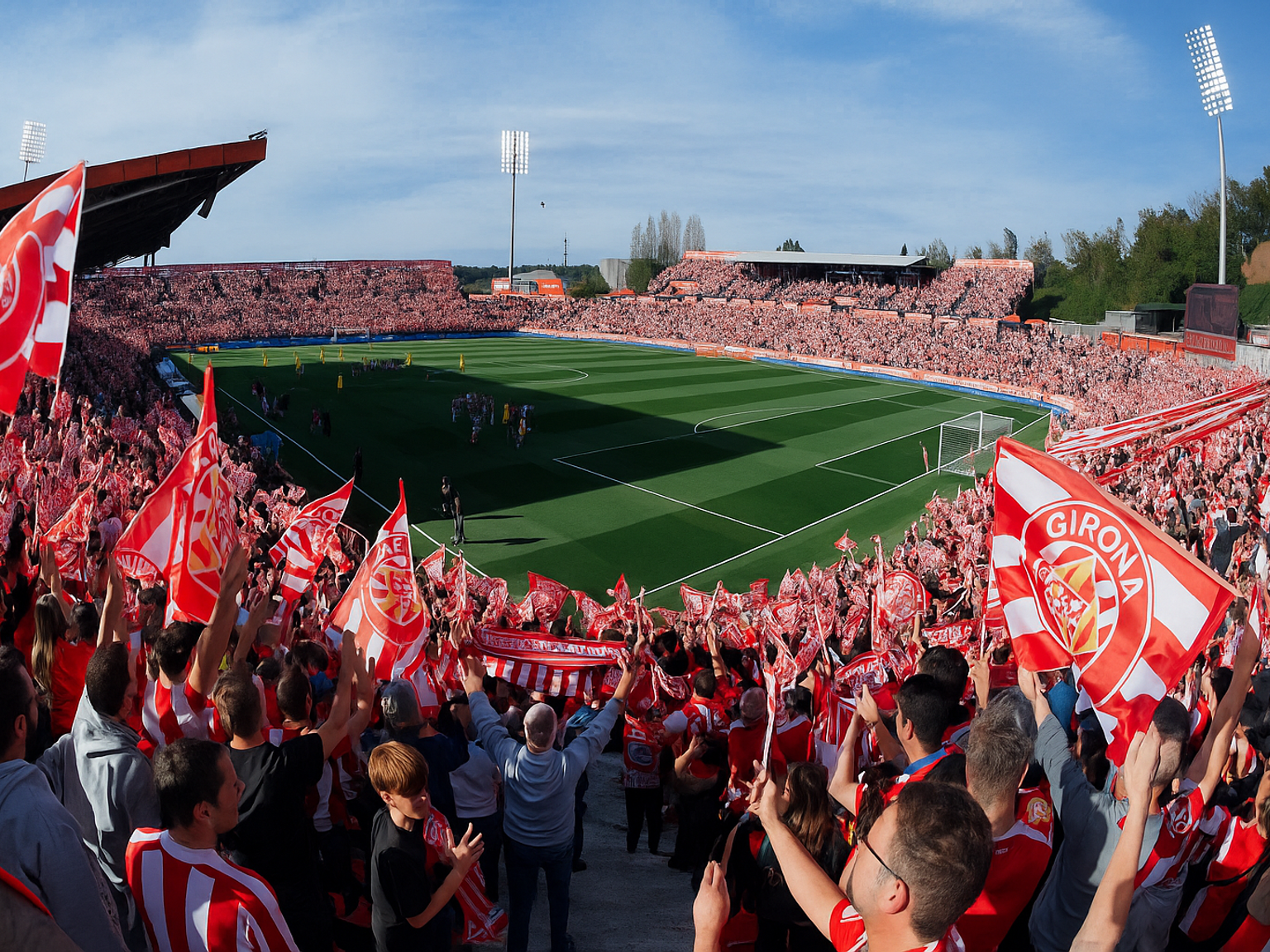 Pełny stadion piłkarski z kibicami machającymi czerwono-białymi flagami Girony.