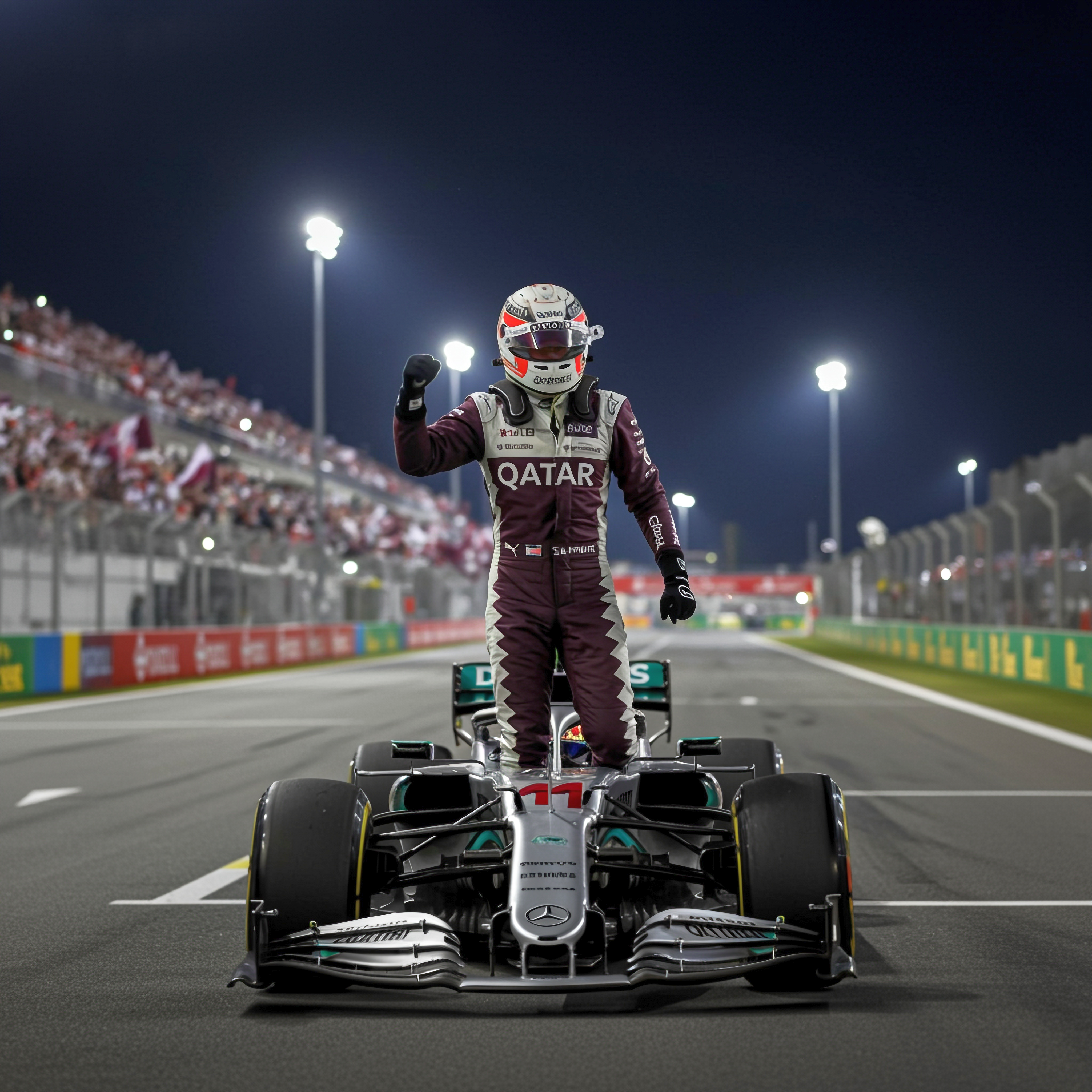 F1 driver in a maroon suit celebrates on his car with a raised fist at a night race.