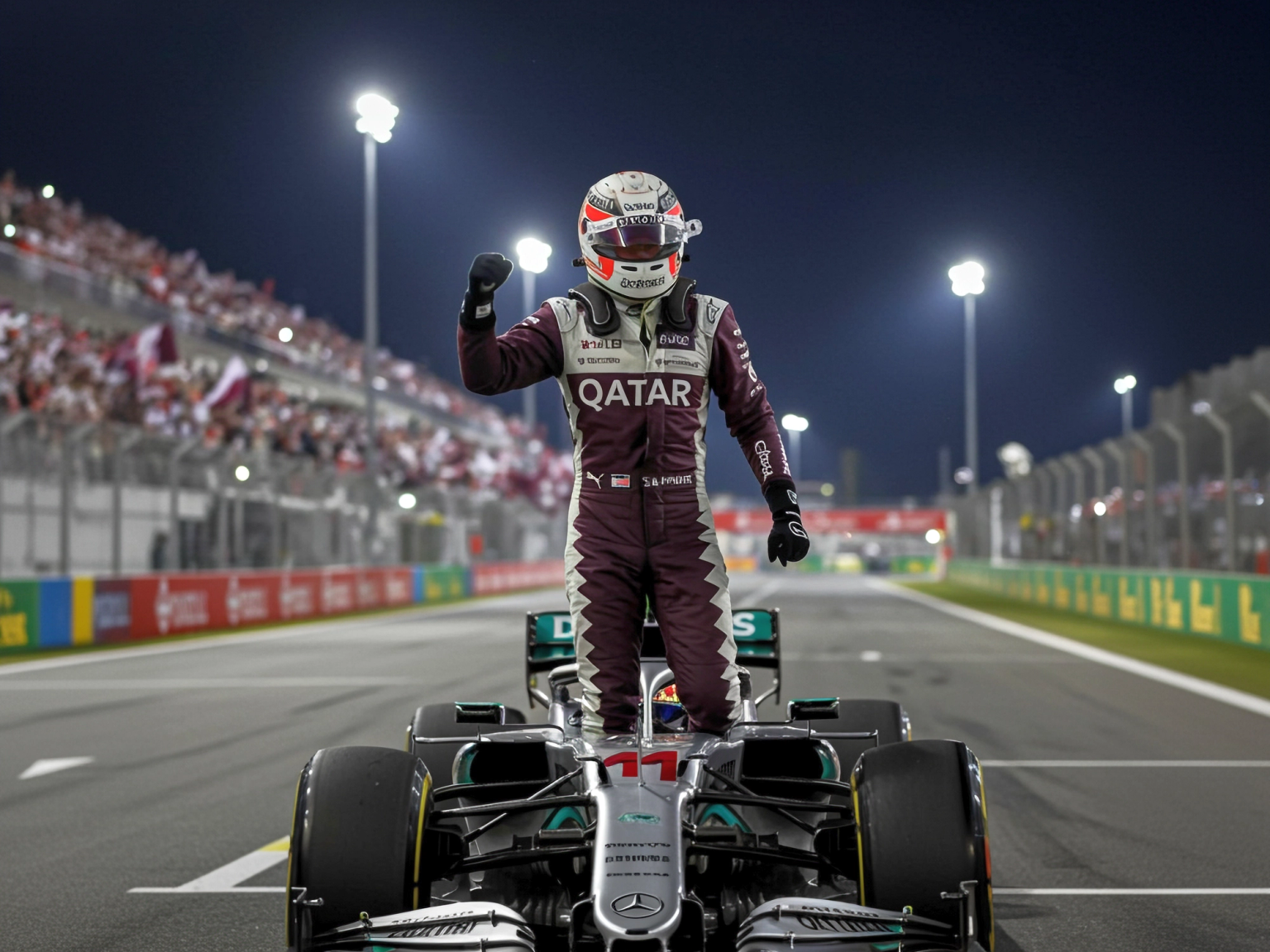 F1 driver in a maroon suit celebrates on his car with a raised fist at a night race.