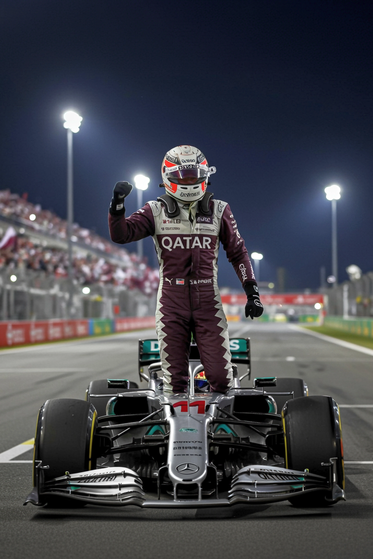 F1 driver in a maroon suit celebrates on his car with a raised fist at a night race.