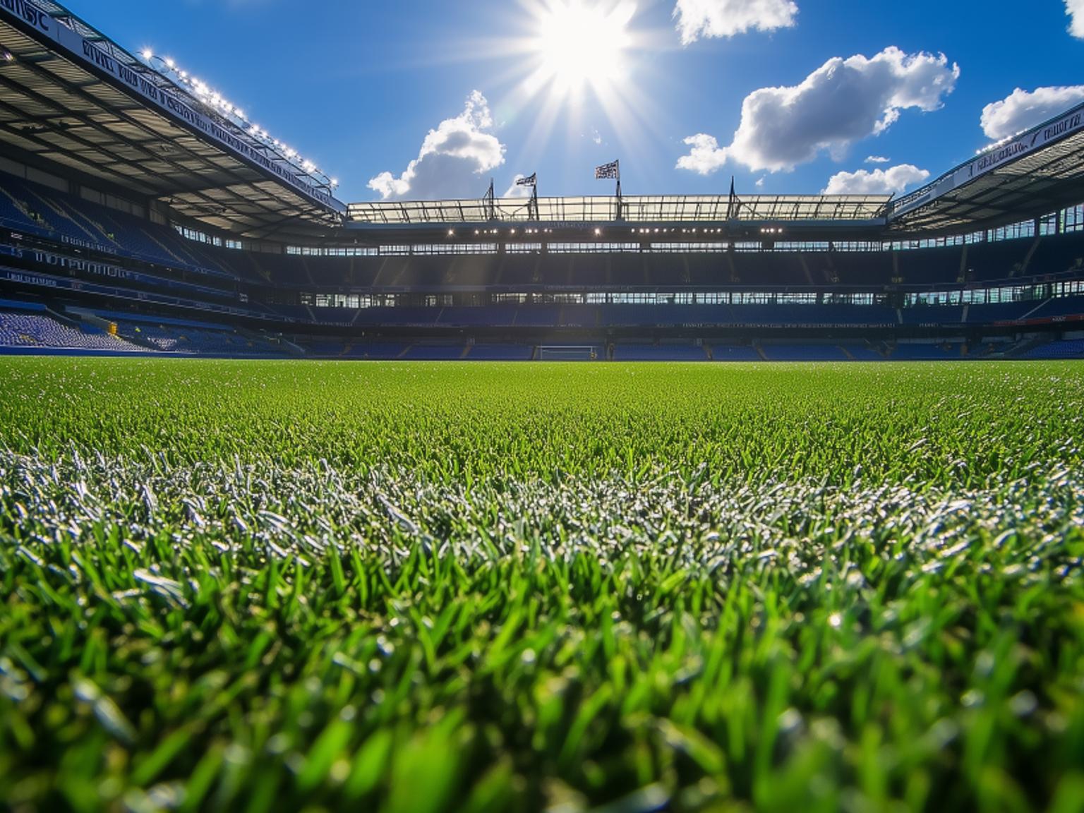 en fotballbane med et stadion i bakgrunnen og solen som skinner gjennom skyene