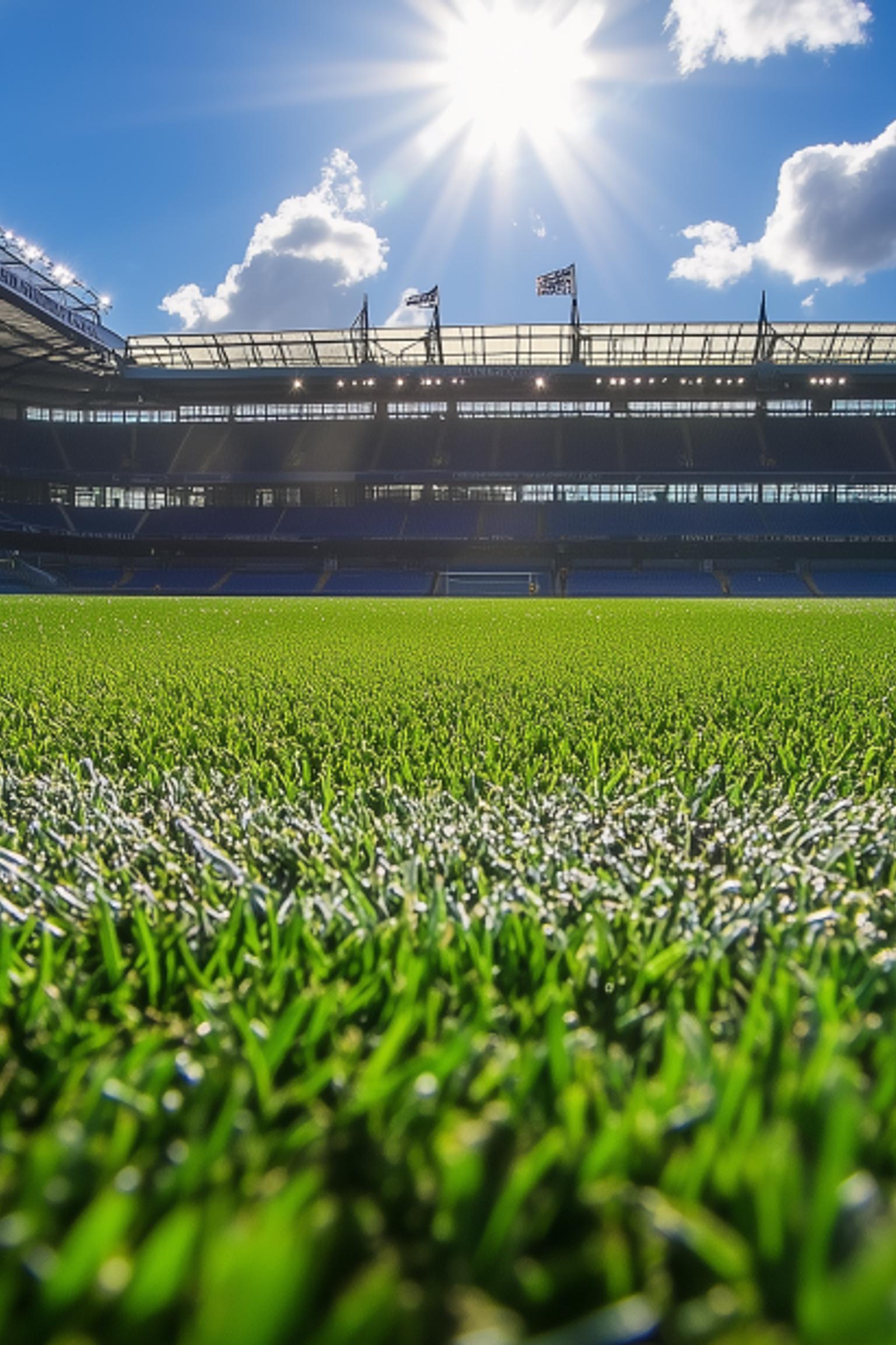 en fotballbane med et stadion i bakgrunnen og solen som skinner gjennom skyene
