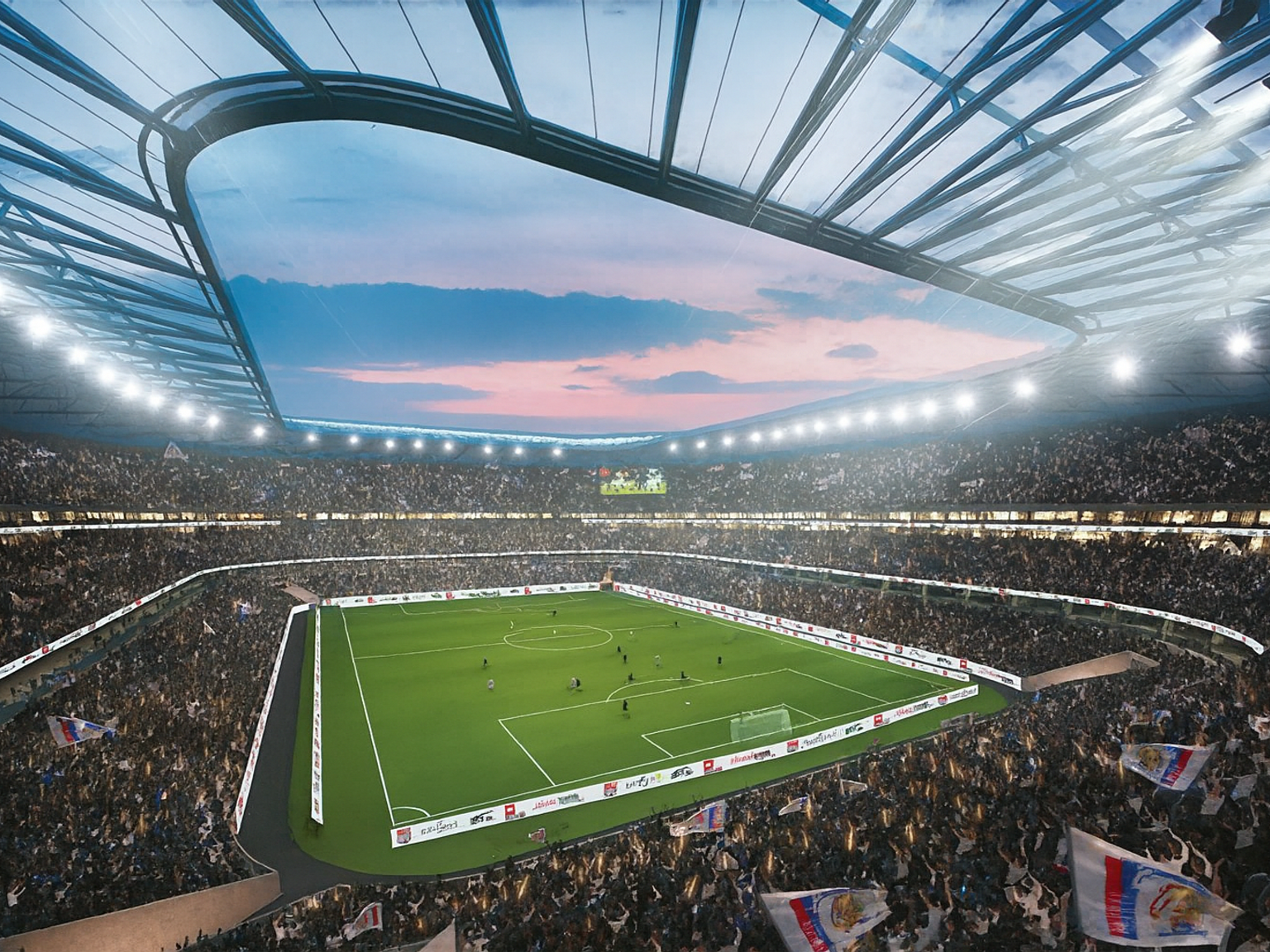 Ein überfülltes, modernes Fußballstadion mit offenem Dach und hellen Lichtern unter einem Sonnenuntergangshimmel.