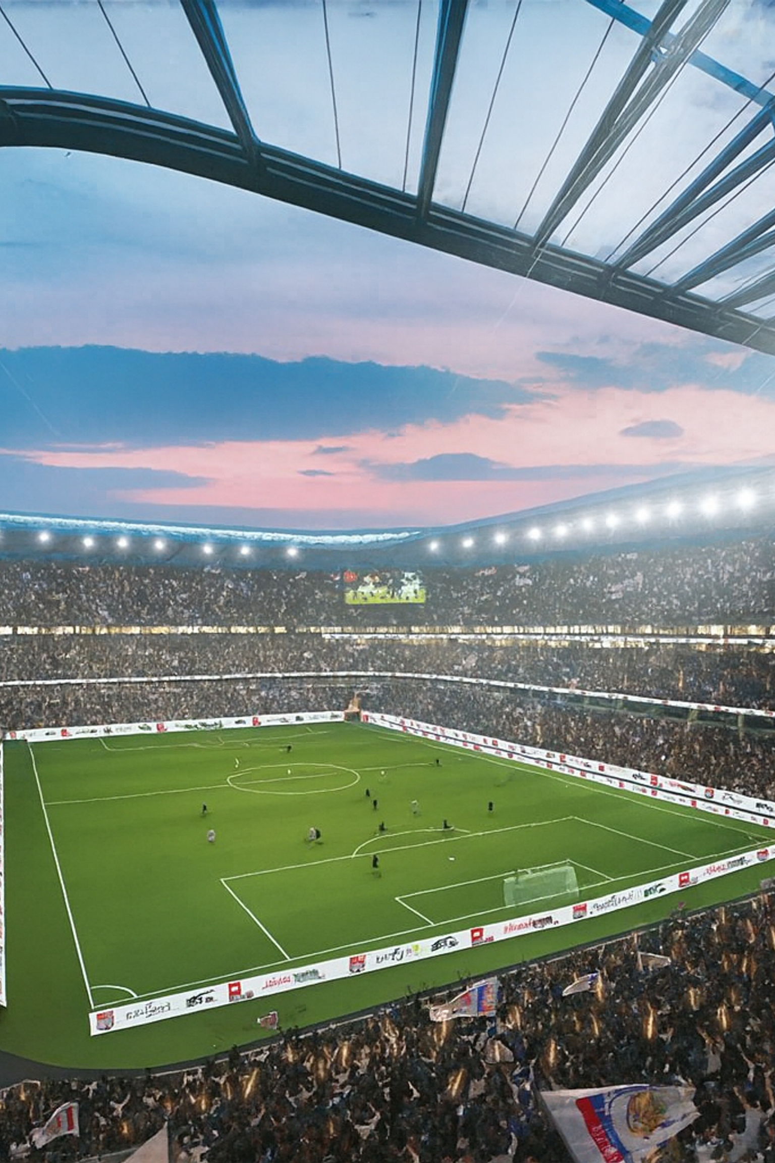 Ein überfülltes, modernes Fußballstadion mit offenem Dach und hellen Lichtern unter einem Sonnenuntergangshimmel.