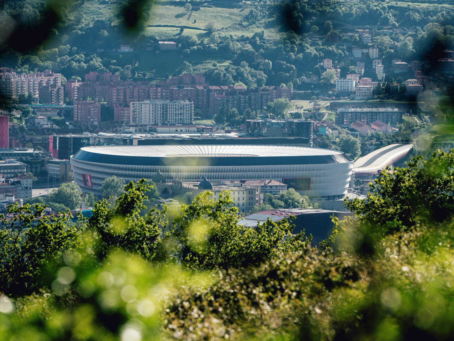 A modern stadium in a city, framed by blurry green leaves.