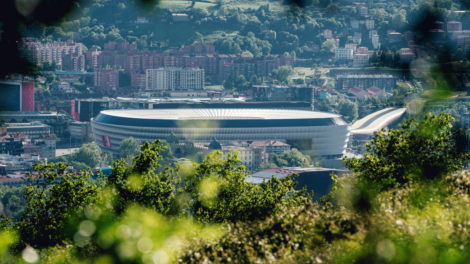 A modern stadium in a city, framed by blurry green leaves.