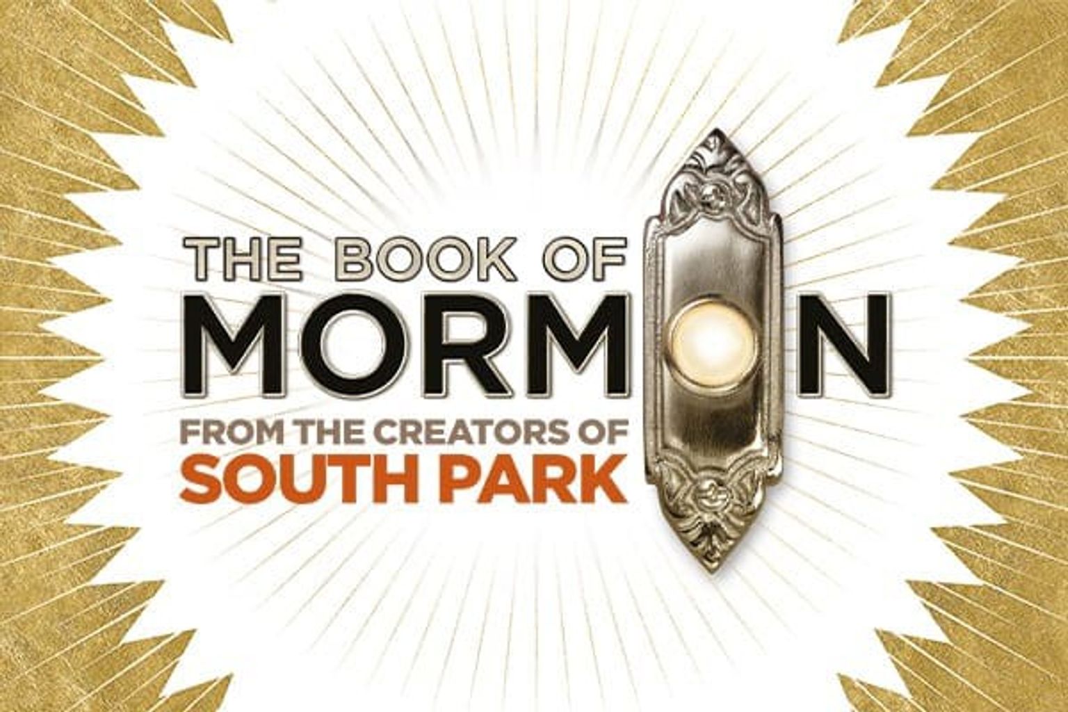 Logoen til musikalen The Book of Mormon med en gyllen ringeklokke som erstatter 'O' i 'Mormon', og teksten "From the Creators of South Park" under.