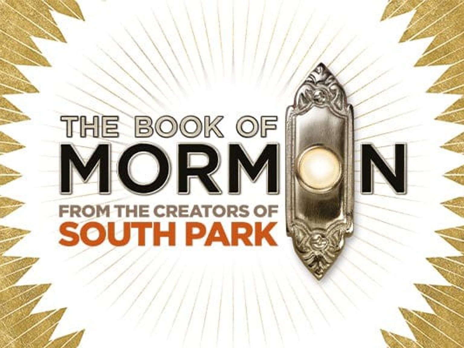 Logoen til musikalen The Book of Mormon med en gyllen ringeklokke som erstatter 'O' i 'Mormon', og teksten "From the Creators of South Park" under.