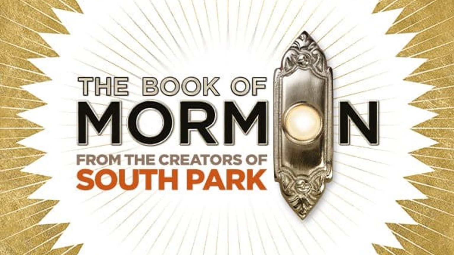 Logoen til musikalen The Book of Mormon med en gyllen ringeklokke som erstatter 'O' i 'Mormon', og teksten "From the Creators of South Park" under.