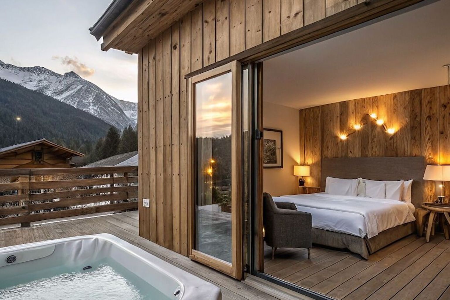 er is een bubbelbad op het dek van een hotelkamer, Mont Chalet Nevada - Hotel & Spa, Livigno