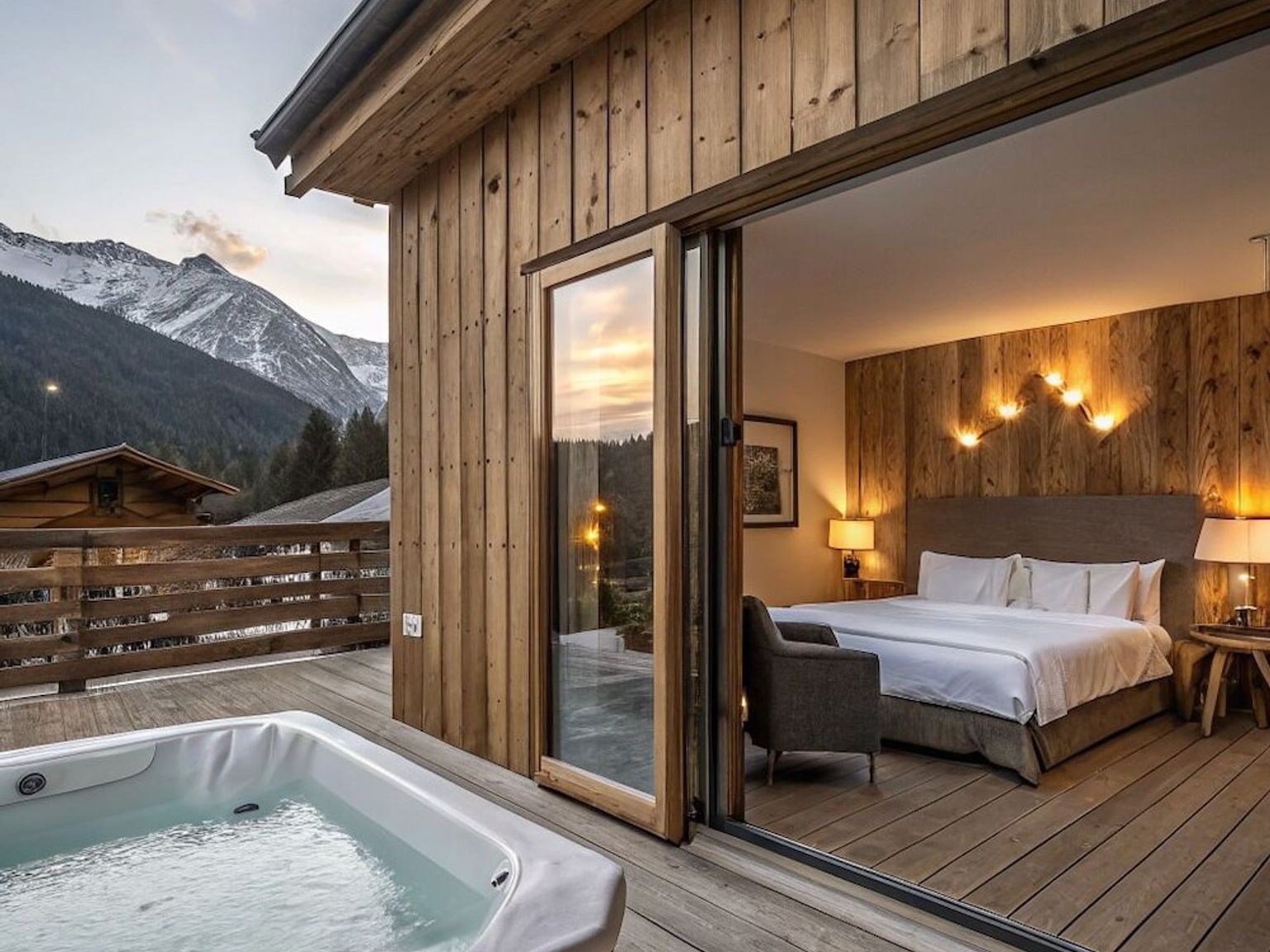 det er et boblebad på dekket av et hotellrom, Mont Chalet Nevada - Hotel & Spa, Livigno